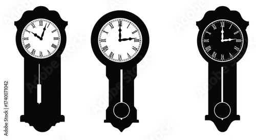 Three black silhouette clocks displaying different times a simple design