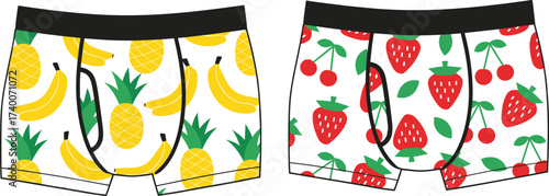 Colorful Fruit-Themed Men's Boxer Shorts Featuring Pineapples and Strawberries, Fun Summer Casual Wear, Cartoon Food Pattern Illustration