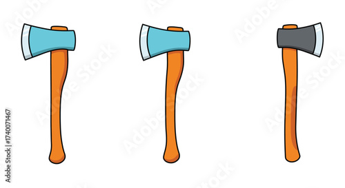 Three cartoon axes with orange handles arranged in a single row