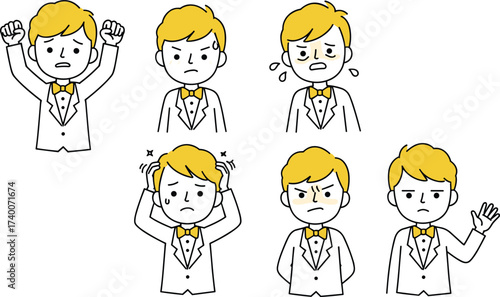 Businessman character emotions illustration, cartoon office man, stress, anger, sadness, happiness, confusion, crying, emotional expression set, workplace stress vector, communication concept