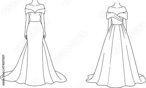 Elegant fashion sketch of off-shoulder evening gown with flowing skirt, detailed line art for bridal wear, formal dress design, couture fashion drawing, and wedding gown illustration.