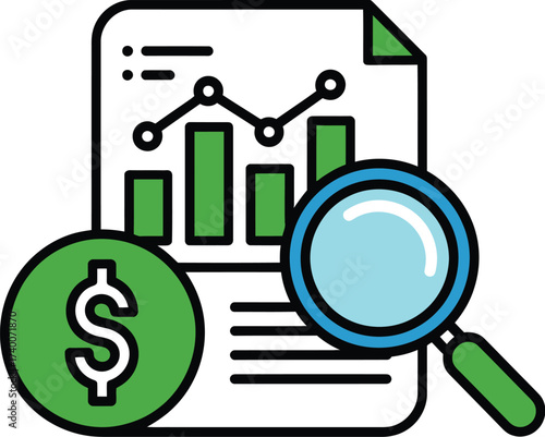 Financial report with magnifying glass and dollar coin isolated on white background