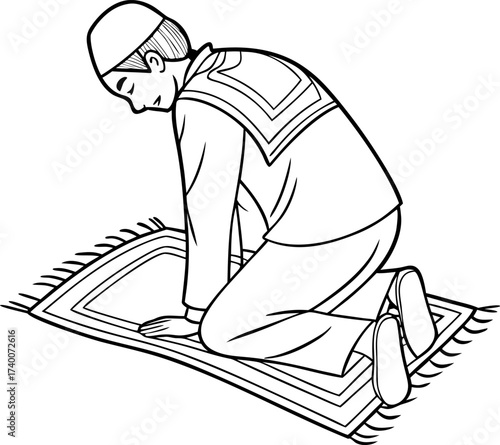 Minimal prayer mat line art isolated on white background, Islamic prayer rug outline vector illustration, Simple sajjadah line drawing minimal style, Ramadan prayer mat icon clean line art