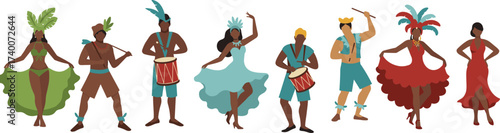 Carnival dancers and musicians illustration, samba parade vector, Brazilian festival costumes, drummers and performers in colorful outfits, cultural celebration dance art design