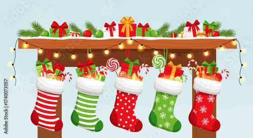 Christmas Stockings Filled With Gifts and Candy on a Mantle Decorated for the Holidays