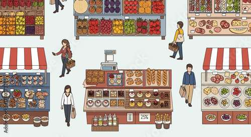 People Shopping at a Bustling Farmers Market Buying Fresh Produce and Baked Goods