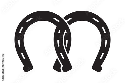 Two connected horseshoes. Vector Black silhouettes. with white background