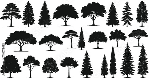 PrintBlack tree silhouettes collection, isolated vector icons, pine trees, deciduous trees, evergreen forest trees, nature graphic elements, landscape design illustration resources