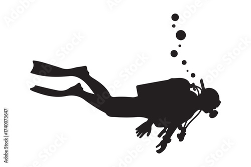 Scuba diving silhouette. Vector Black silhouettes. with white background