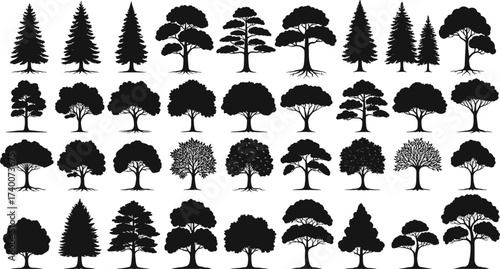 PrintBlack tree silhouettes collection, isolated vector illustration, pine trees, deciduous trees, evergreen forest trees, graphic nature design, landscape decorative elements