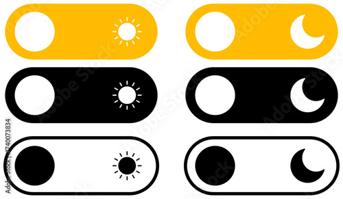 On and Off toggle switch buttons. Dark mode and light mode.Day and night mode switch button. Vector illustration.