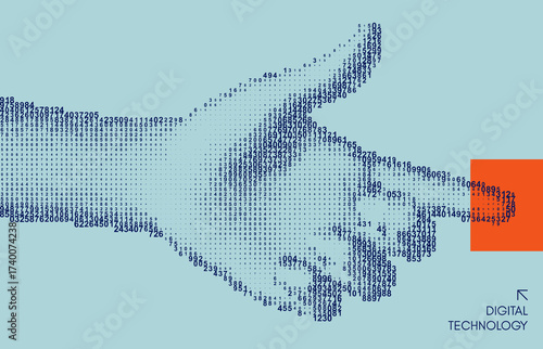 The hand presses the index finger on the button a virtual interface. Technologies of the future. Сascading digital code matrix. Concept of digitalization and artificial intelligence. Illustration.