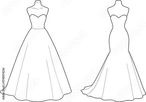 Elegant Sketch of Wedding Gown Design with Flowy Skirt and Strapless Top, Perfect for Bridal Fashion, Dress Illustration, and Wedding Apparel