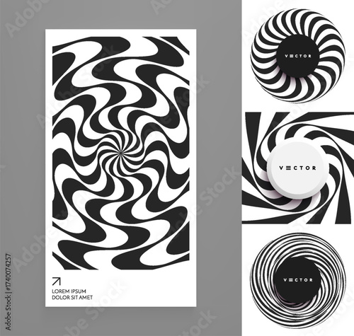Striped circular figure. Geometric shape. 3D wavy pattern. Optical illusion. Torus. Rotation and swirling movement. Cover design template. Vector for brochure, presentation, flyer or banner.