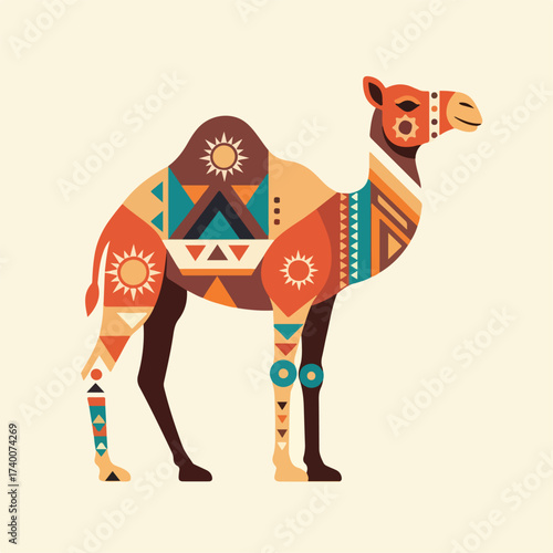Camel Flat Vector Illustration with Desert Tribal Design