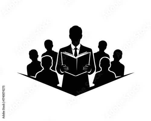 A silhouette icon of a teacher or leader reading to a group of people