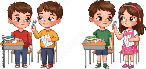 PrintChildren checking temperature in classroom, kids using thermometer at school, health safety education, students learning hygiene, medical awareness activity