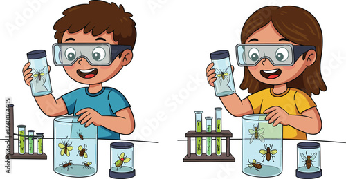 PrintChildren doing science experiment with insects, kids studying biology, laboratory research, classroom activity, entomology learning, education discovery, bugs study, test tubes