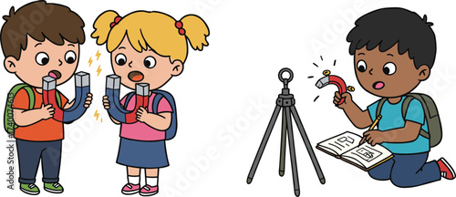 PrintChildren learning about magnets, kids experimenting with magnetic force, science education activity, school science project, curiosity, discovery, fun learning, teamwork.