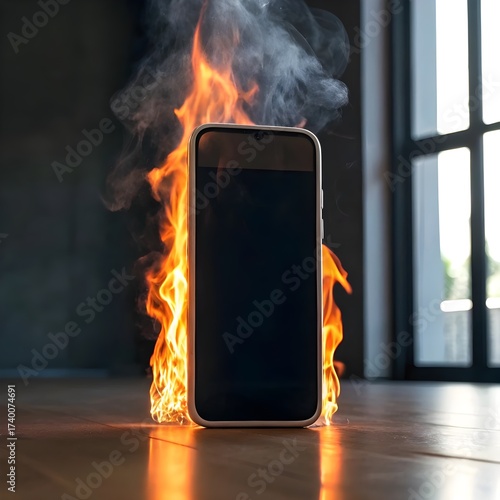 Smartphone Mobile Phone Exploding in Fire with Smoke