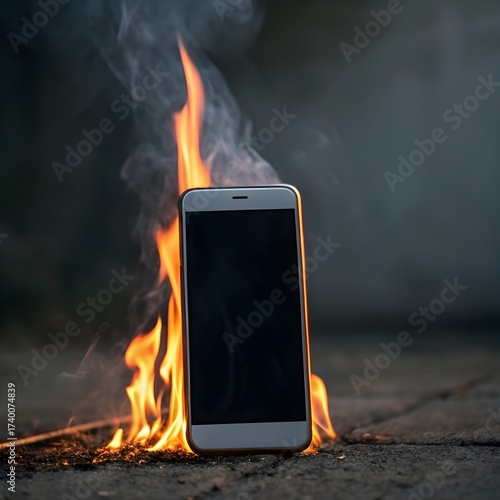 Smartphone Mobile Phone Standing on Fire with Smoke