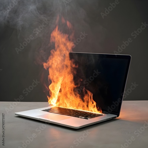 Overheating Laptop Computer on Fire with Smoke

