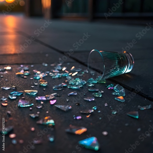 Broken Glass on Dark Pavement with Light Reflection