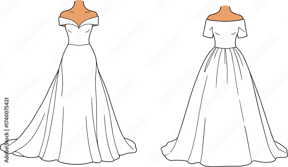 Obraz premium Elegant wedding dress vector illustration featuring off-shoulder gown, flowing skirt, lace details, and formal bridal attire, perfect for fashion design, wedding themes, , and bridal wear concepts.