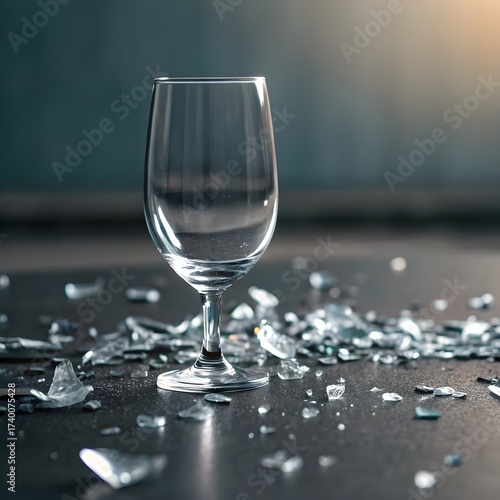 Minimalist Unbroken Wine Glass Surrounded by Broken Shards