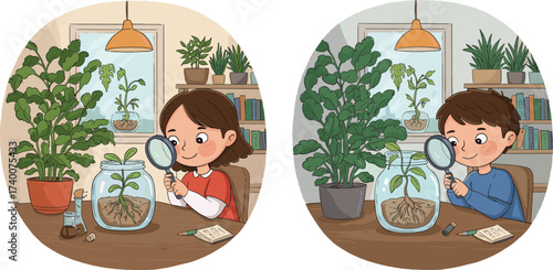 PrintChildren studying plants with magnifying glass in classroom, educational science experiment, learning biology, kids observing roots, nature study, school activity