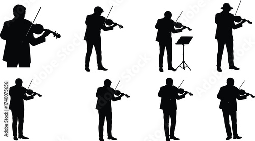 PrintCollection of black silhouette violinist musicians playing violin, classical music performance, vector illustration of man with instrument, artistic concert design.
