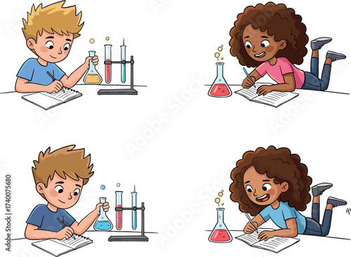 PrintChildren writing science experiments, kids with test tubes, chemistry learning, school laboratory education, cartoon students studying, fun STEM activity, classroom illustration