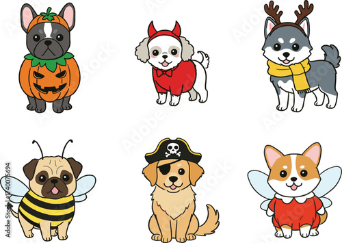 Cute dogs in Halloween costumes vector illustration, adorable puppies dressed as pumpkin, devil, reindeer, bee, pirate, fairy for festive celebration