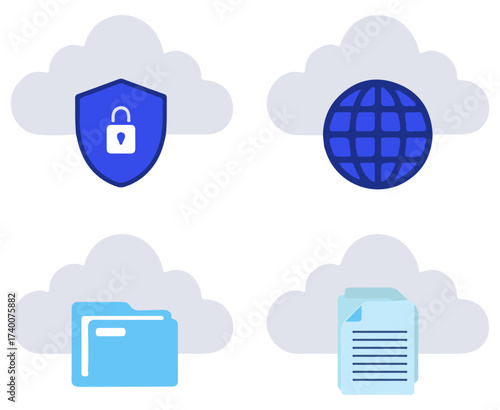 Cloud Computing Icon Set – Symbols for Security, Connectivity, Storage, and Document Management