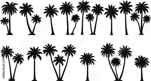 PrintCollection of tropical palm tree silhouettes, black isolated vector illustration, exotic beach nature icons, summer vacation elements, paradise island travel design