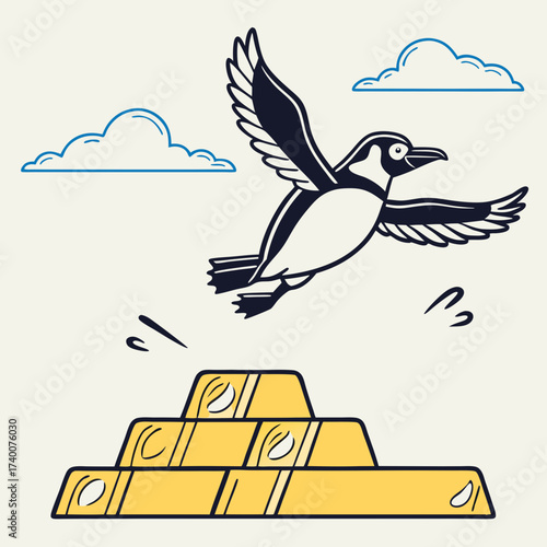 Vector art of a determined penguin soars above a gleaming pyramid of gold bars, wings outstretched, against a backdrop of fluffy clouds