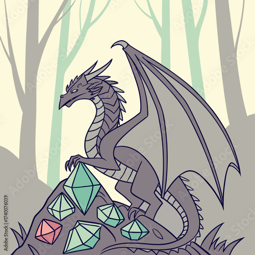 Vector art of a watchful dragon stands guard over a glittering hoard of gems atop a rocky outcrop, its eyes gleaming with ancient wisdom, in a serene forest setting