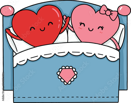 cute heart couple in bed, romantic love illustration, valentine cartoon design, honeymoon relationship drawing, adorable characters together, love romance sleep vector art