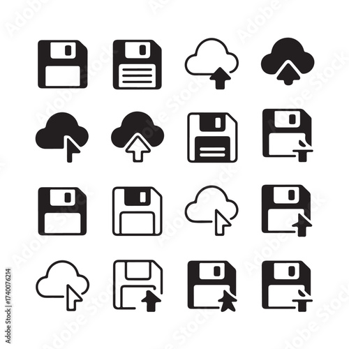 Collection of cloud and floppy disk icons representing data storage, upload, download, and cloud computing, isolated on white background 