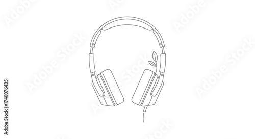 Minimalist Line Art of Headphones with a Botanical Accent, representing a modern and serene