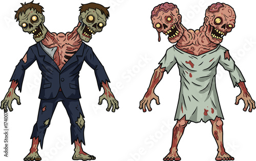PrintCreepy two headed zombie illustration, scary double head mutant monster, horror cartoon undead creature, spooky Halloween artwork, grotesque walking dead design, terrifying