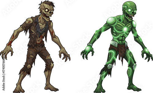 PrintCreepy zombie illustration, glowing mutant undead monster with green light body, horror Halloween artwork, scary cartoon infected creature, spooky walking dead design