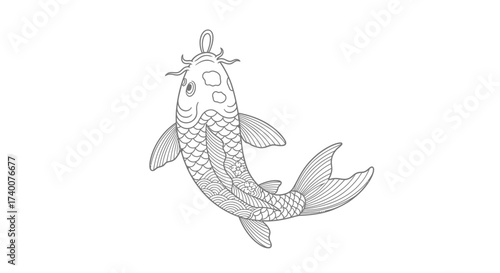 Elegant outline illustration of a koi fish with detailed scales and fins design for coloring page