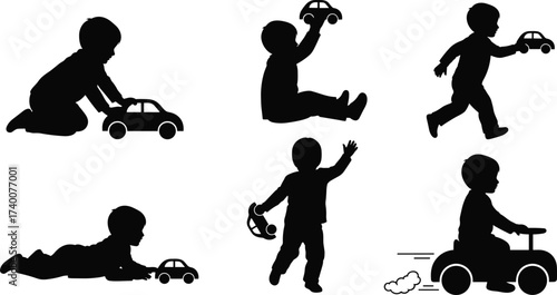 Child silhouette playing with toy car, kids activity illustration, toddler fun design, childhood playtime, little boy playing vehicle, vector graphic