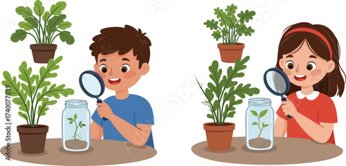 PrintCurious children studying plants with magnifying glass, kids learning science experiment, observing growth, biology education, discovery, nature study, cartoon school illustration