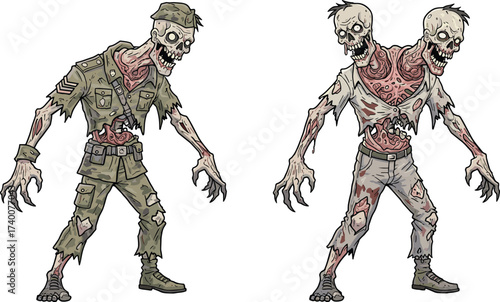 PrintCreepy zombie soldier illustration, scary two headed undead monster, horror cartoon artwork, grotesque infected creature, spooky Halloween design, terrifying walking dead mutant