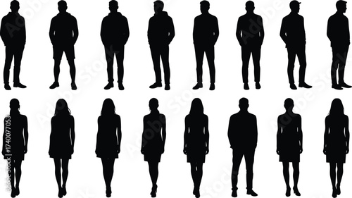 Silhouette collection of men and women standing in various casual and formal poses representing lifestyle, fashion, society, diversity, and identity illustration