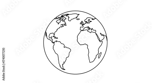 Minimalist Outline of the Earth Globe with Continents and Oceans Showing Worldwide