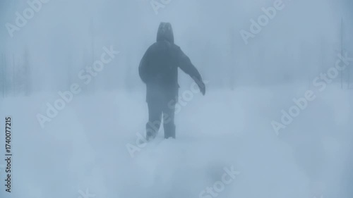 A lone traveler walking through a blizzard struggles through thick snow in a desolate landscape. The harsh conditions highlight the challenges of winter weather in an isolated region