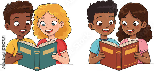 PrintHappy boys and girls reading books together, cartoon children studying, learning, friendship, teamwork, education concept, open book, classroom illustration design